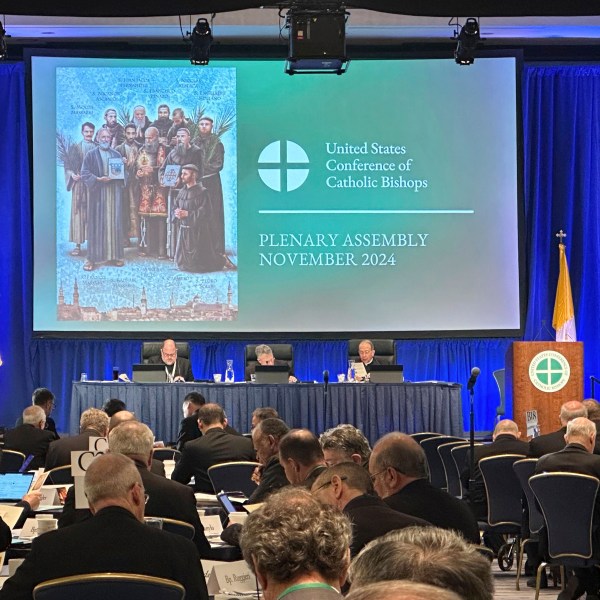 U.S. Catholic bishops gather for their annual fall meeting at the Marriott Waterfront hotel in Baltimore on Tuesday, Nov. 12, 2024. (AP Photo/Tiffany Stanley)