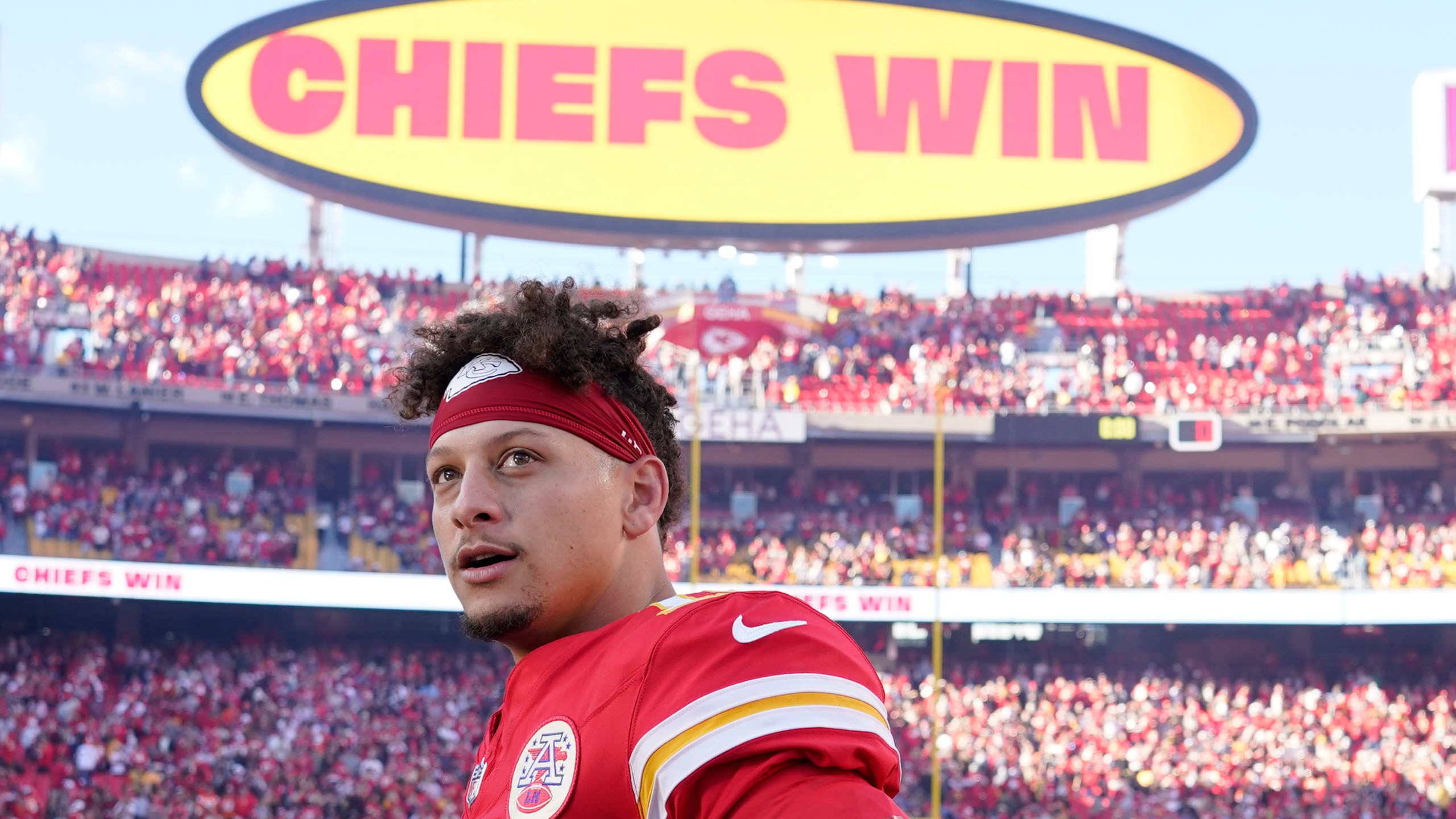 Kansas City Chiefs quarterback Patrick Mahomes pauses following an NFL football game against the Denver Broncos Sunday, Nov. 10, 2024, in Kansas City, Mo. The Chiefs won 16-14. (AP Photo/Ed Zurga)