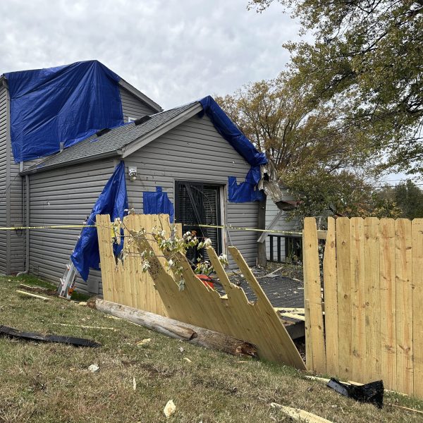 A residential fence near a Louisville, Kentucky, plant that exploded is pictured on Wednesday, Nov. 13, 2024. (AP Photo/Dylan Lovan)