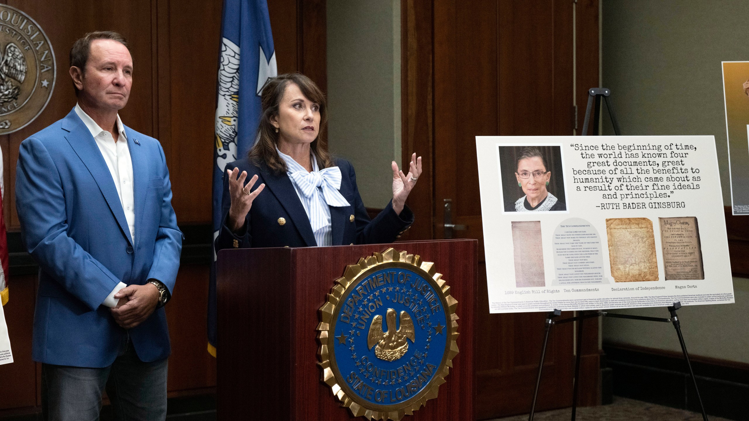 FILE - Louisiana Attorney General Liz Murrill speaks alongside Louisiana Gov. Jeff Landry during a press conference regarding the Ten Commandments in schools Monday, Aug. 5, 2024, in Baton Rouge, La. (Hilary Scheinuk/The Advocate via AP, File)