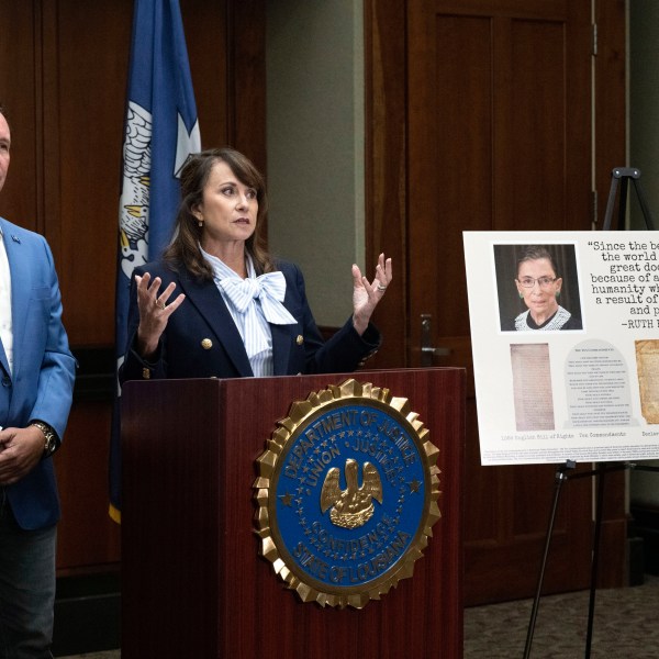 FILE - Louisiana Attorney General Liz Murrill speaks alongside Louisiana Gov. Jeff Landry during a press conference regarding the Ten Commandments in schools Monday, Aug. 5, 2024, in Baton Rouge, La. (Hilary Scheinuk/The Advocate via AP, File)