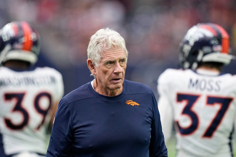 FILE - Denver Broncos special teams coach Mike Westhoff during an NFL football game against the Houston Texans Sunday, Dec. 3, 2023, in Houston. Denver Broncos assistant head coach Mike Westhoff has resigned because of problems with his vision, Wednesday, Nov. 13, 2024. (AP Photo/Eric Gay, File)