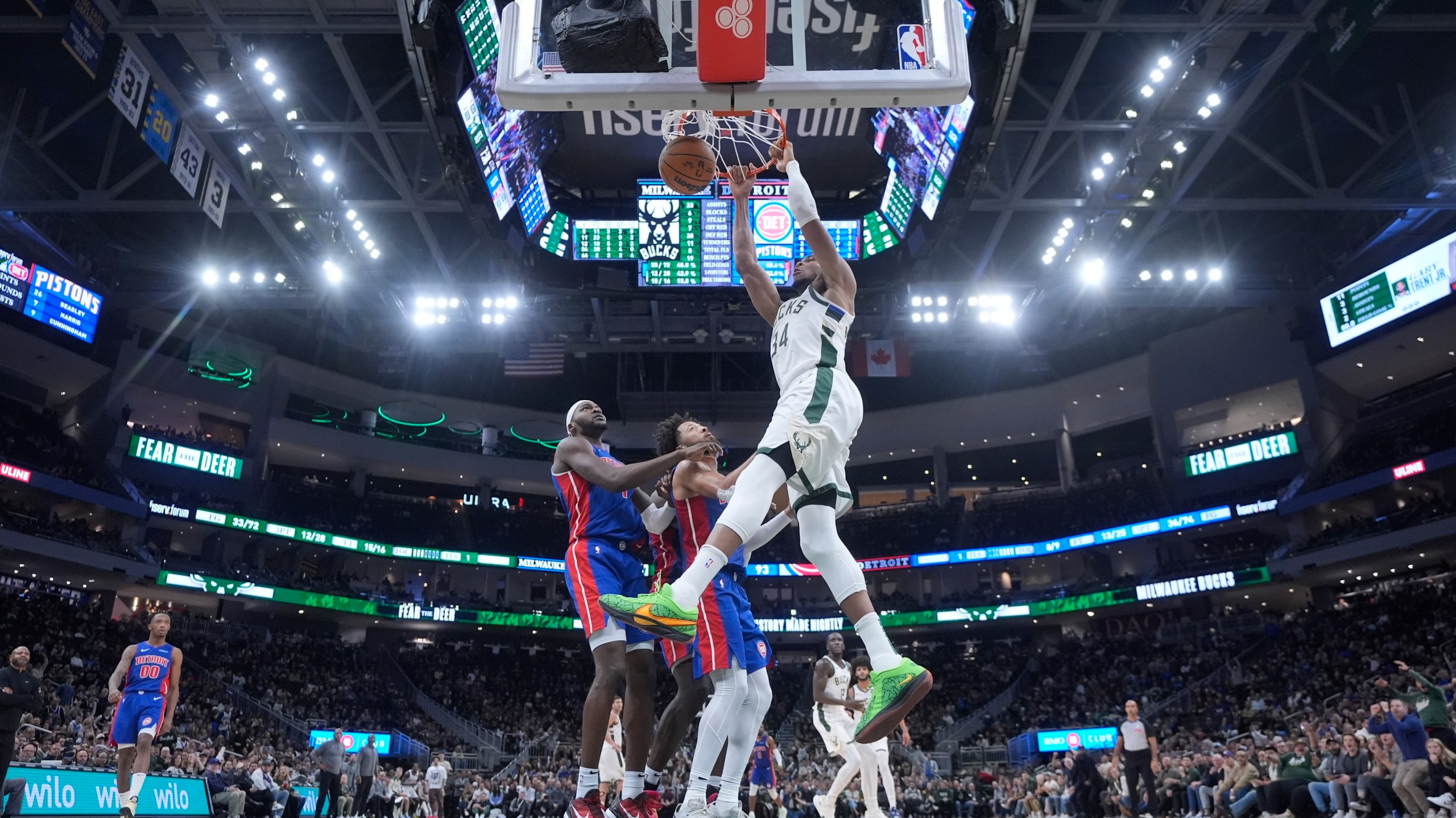 Milwaukee Bucks' Giannis Antetokounmpo dunks during the second half of an NBA basketball game against the Detroit Pistons Wednesday, Nov. 13, 2024, in Milwaukee. (AP Photo/Morry Gash)