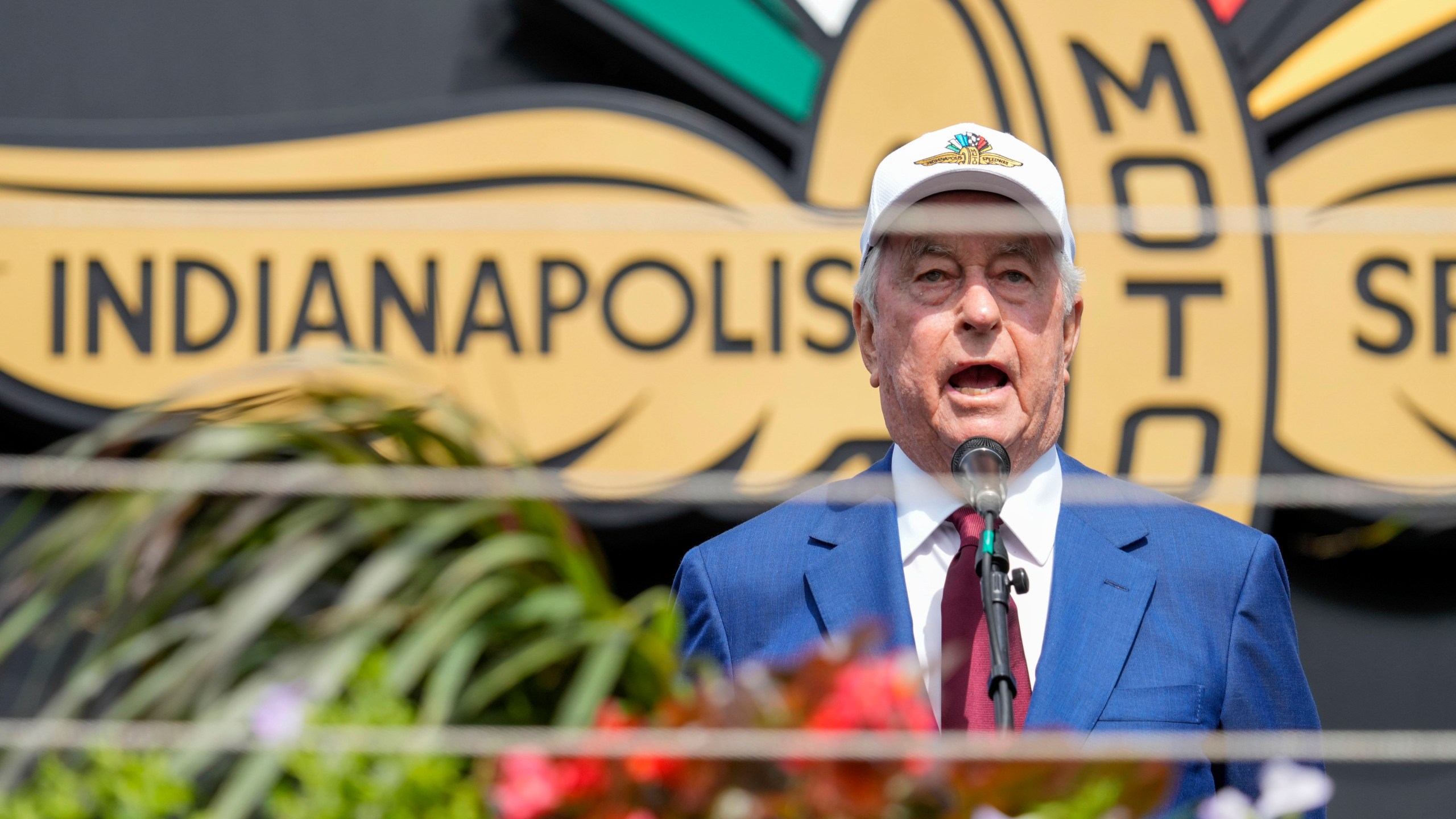 FILE - Indianapolis Motor Speedway owner Roger Penske delivers the command before the Indianapolis 500 auto race at Indianapolis Motor Speedway in Indianapolis, May 26, 2024. (AP Photo/AJ Mast, File)