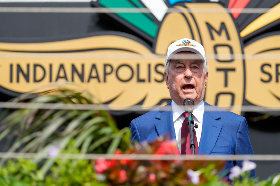 FILE - Indianapolis Motor Speedway owner Roger Penske delivers the command before the Indianapolis 500 auto race at Indianapolis Motor Speedway in Indianapolis, May 26, 2024. (AP Photo/AJ Mast, File)