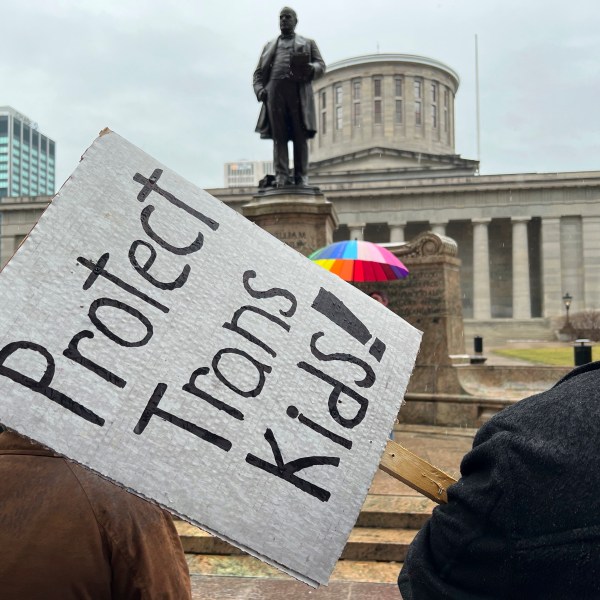 FILE - Protesters advocating for transgender rights and healthcare stand outside of the Ohio Statehouse, Jan. 24, 2024, in Columbus, Ohio. (AP Photo/Patrick Orsagost, File)