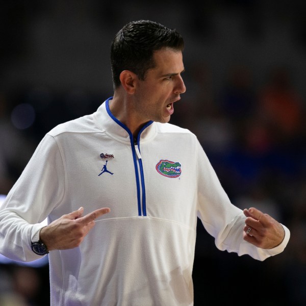 Florida head coach Todd Golden coaches during the first half of an NCAA college basketball game against Grambling State, Monday, Nov. 11, 2024, in Gainesville, Fla. (AP Photo/Alan Youngblood)