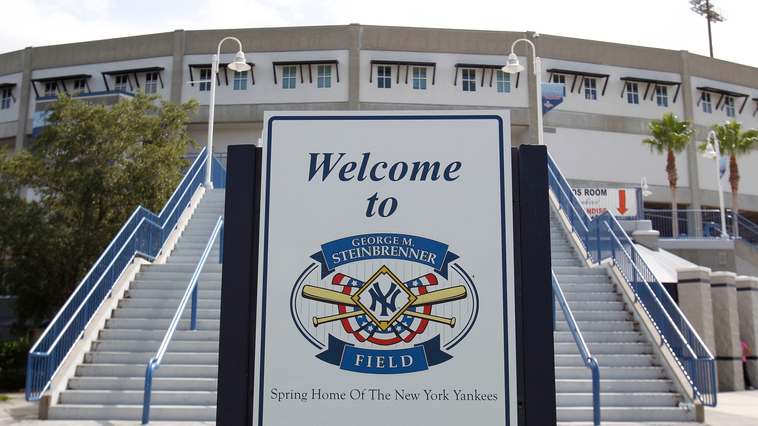 FILE - A sign welcoming baseball fans to George M. Steinbrenner Field, the spring training home of the New York Yankees is shown Tuesday, July 13, 2010, in Tampa, Fla. (AP Photo/Chris O'Meara, File)