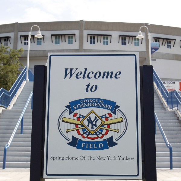 FILE - A sign welcoming baseball fans to George M. Steinbrenner Field, the spring training home of the New York Yankees is shown Tuesday, July 13, 2010, in Tampa, Fla. (AP Photo/Chris O'Meara, File)