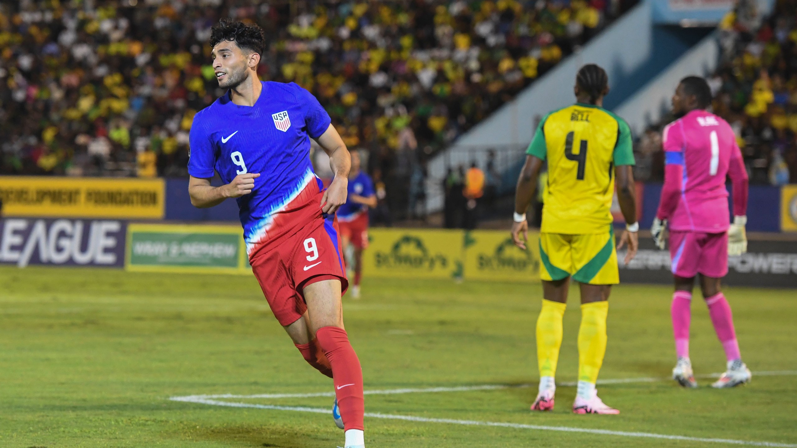 United States' Ricardo Pepi celebrates scoring his side's first goal against Jamaica during a CONCACAF Nations League quarterfinal first leg soccer match in Kingston, Jamaica, Thursday, Nov. 14, 2024. (AP Photo/Collin Reid)