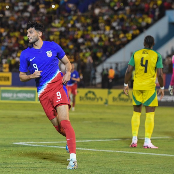 United States' Ricardo Pepi celebrates scoring his side's first goal against Jamaica during a CONCACAF Nations League quarterfinal first leg soccer match in Kingston, Jamaica, Thursday, Nov. 14, 2024. (AP Photo/Collin Reid)