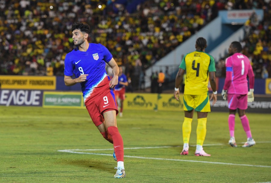 United States' Ricardo Pepi celebrates scoring his side's first goal against Jamaica during a CONCACAF Nations League quarterfinal first leg soccer match in Kingston, Jamaica, Thursday, Nov. 14, 2024. (AP Photo/Collin Reid)