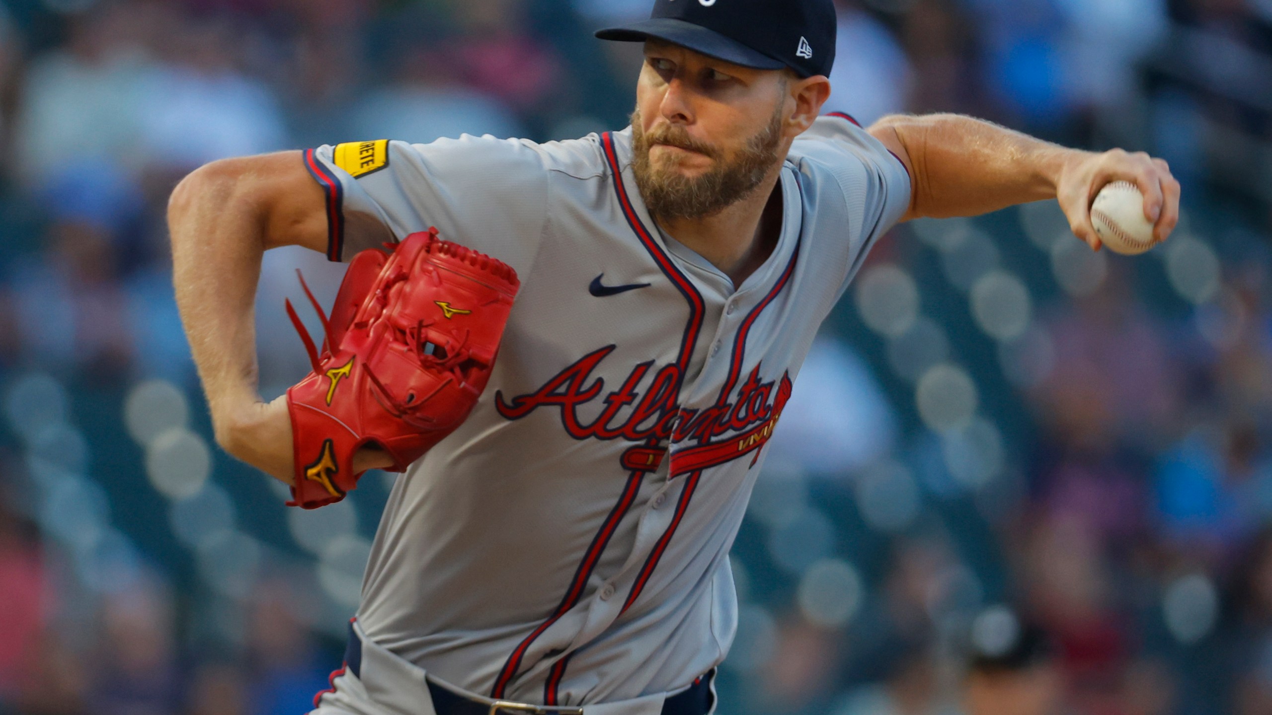 FILE - Atlanta Braves starting pitcher Chris Sale throws to the Minnesota Twins in the third inning of a baseball game Aug. 28, 2024, in Minneapolis. (AP Photo/Bruce Kluckhohn, File)