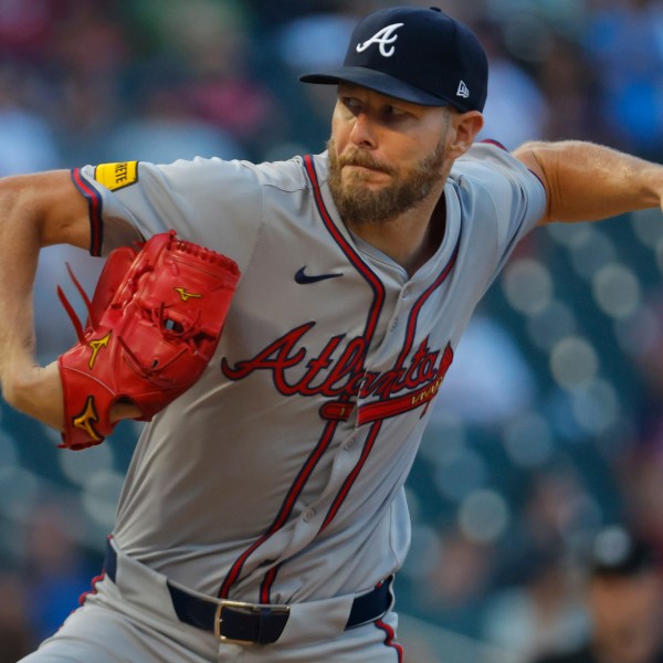 FILE - Atlanta Braves starting pitcher Chris Sale throws to the Minnesota Twins in the third inning of a baseball game Aug. 28, 2024, in Minneapolis. (AP Photo/Bruce Kluckhohn, File)