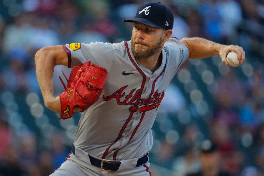 FILE - Atlanta Braves starting pitcher Chris Sale throws to the Minnesota Twins in the third inning of a baseball game Aug. 28, 2024, in Minneapolis. (AP Photo/Bruce Kluckhohn, File)