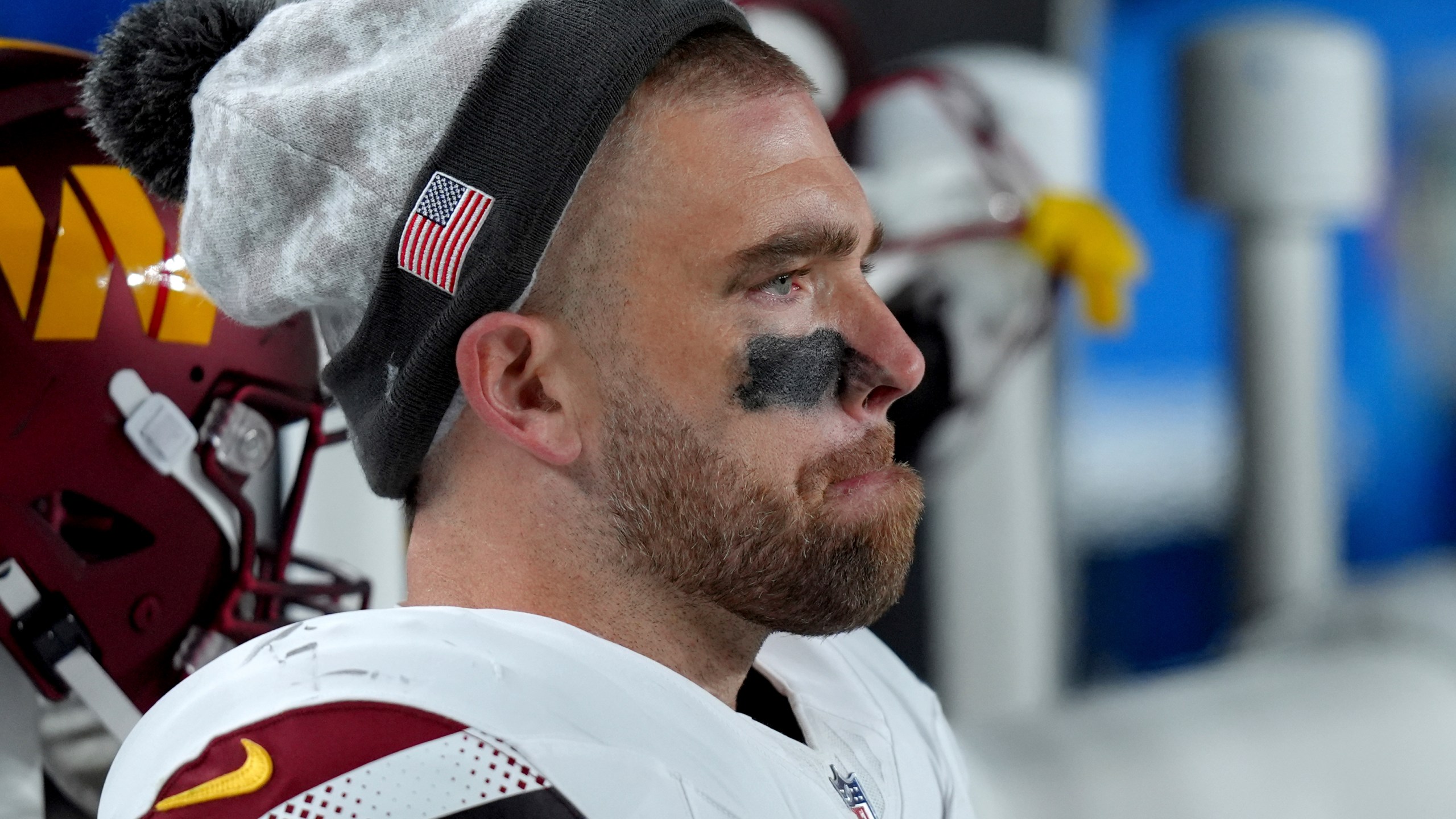 Washington Commanders tight end Zach Ertz sits on the bench during the second half of an NFL football game against the Philadelphia Eagles Thursday, Nov. 14, 2024, in Philadelphia. (AP Photo/Chris Szagola)