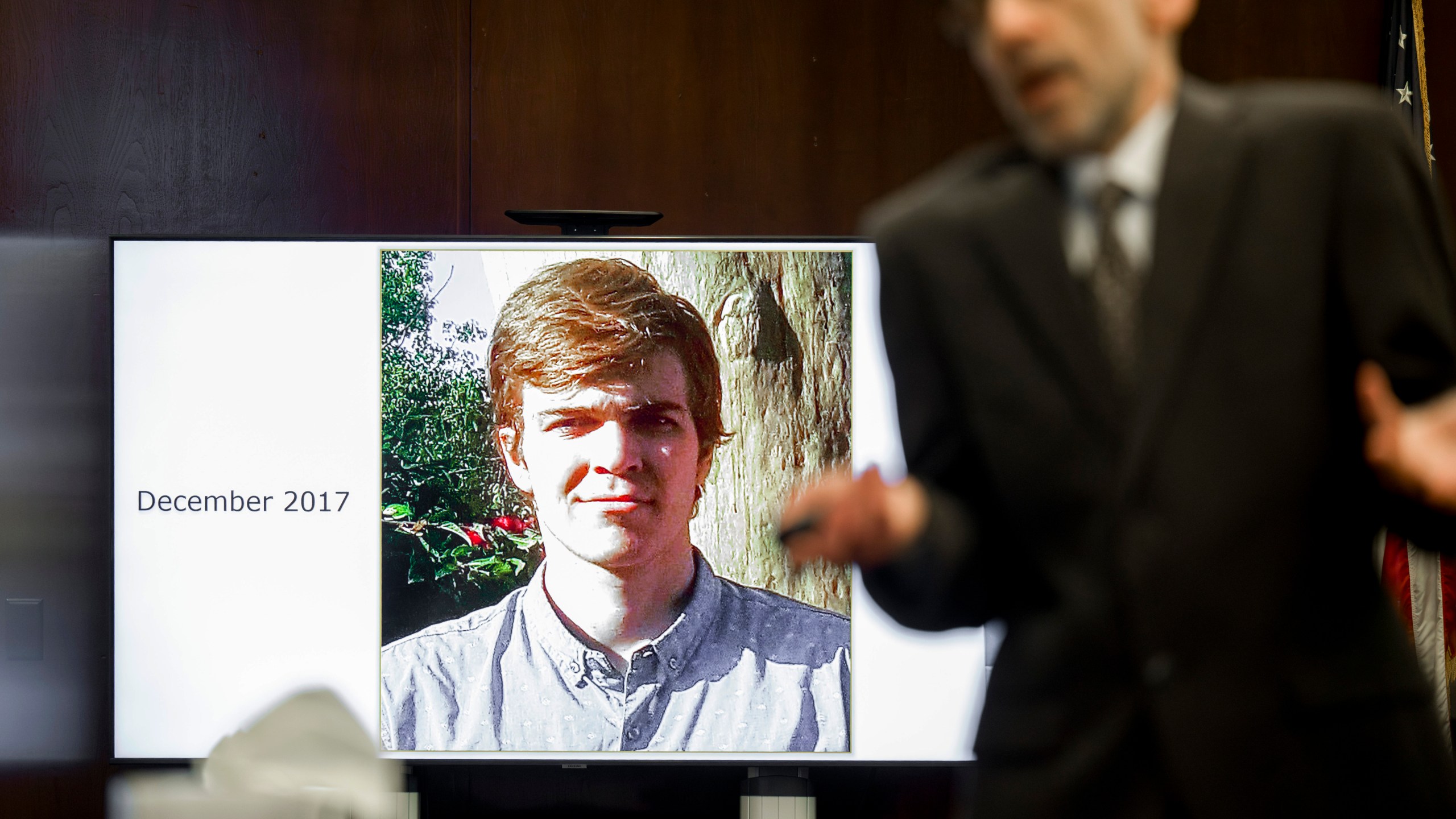 FILE - A 2017 photograph of Samuel Woodward is displayed during Assistant Public Defender Ken Morrison's closing arguments in Woodward's murder trial, at Orange County Superior Court in Santa Ana, Calif., Monday, July 1, 2024. (Leonard Ortiz/The Orange County Register via AP, Pool, File)