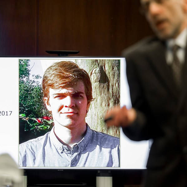 FILE - A 2017 photograph of Samuel Woodward is displayed during Assistant Public Defender Ken Morrison's closing arguments in Woodward's murder trial, at Orange County Superior Court in Santa Ana, Calif., Monday, July 1, 2024. (Leonard Ortiz/The Orange County Register via AP, Pool, File)