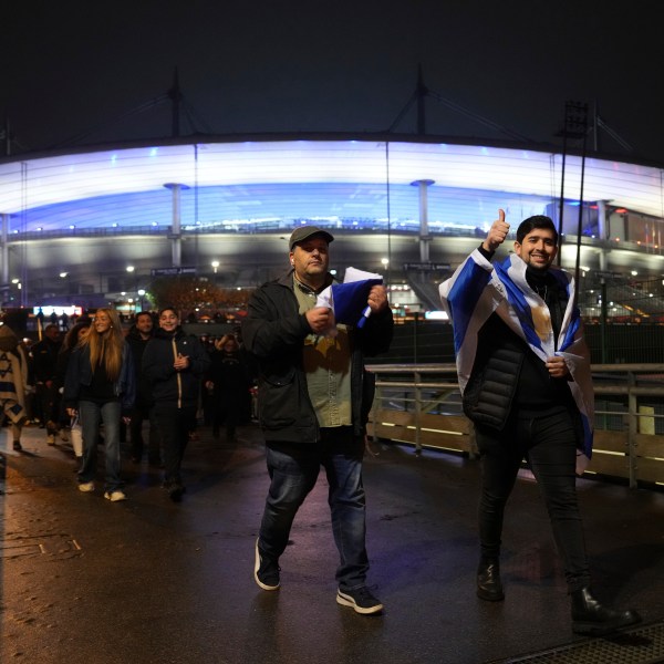 Supporters of Israel leave after the Nations League soccer match France against Israel outside the Stade de France stadium, Thursday, Nov. 14, 2024 in Saint-Denis, outside Paris. (AP Photo/Aurelien Morissard)