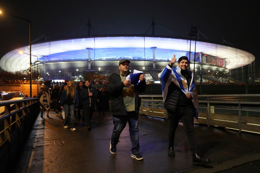 Supporters of Israel leave after the Nations League soccer match France against Israel outside the Stade de France stadium, Thursday, Nov. 14, 2024 in Saint-Denis, outside Paris. (AP Photo/Aurelien Morissard)