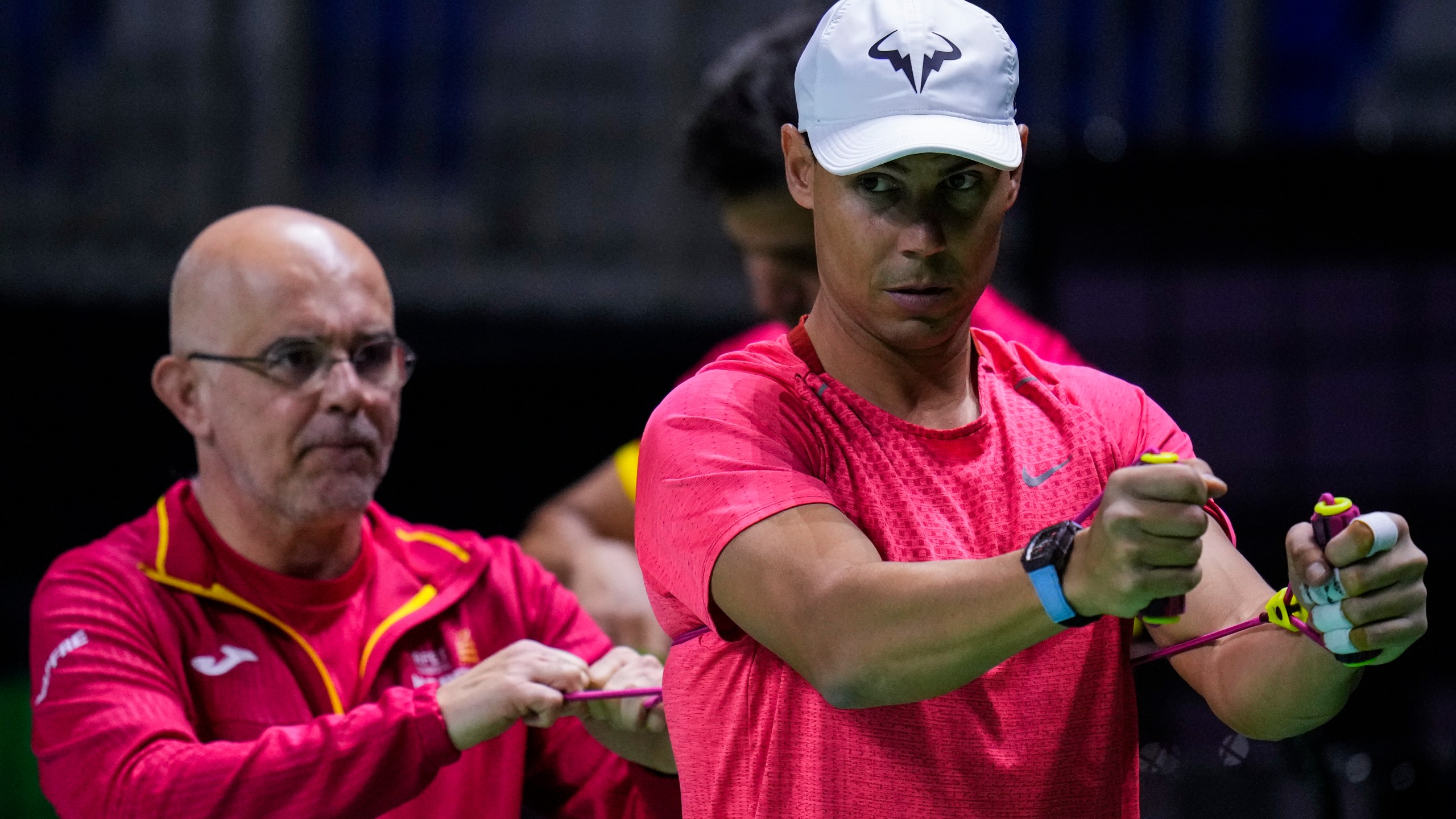 Spain's Rafael Nadal takes part in a training session at the Martin Carpena Sports Hall, in Malaga, southern Spain, on Friday, Nov. 15, 2024. (AP Photo/Manu Fernandez)