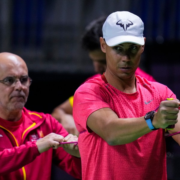 Spain's Rafael Nadal takes part in a training session at the Martin Carpena Sports Hall, in Malaga, southern Spain, on Friday, Nov. 15, 2024. (AP Photo/Manu Fernandez)