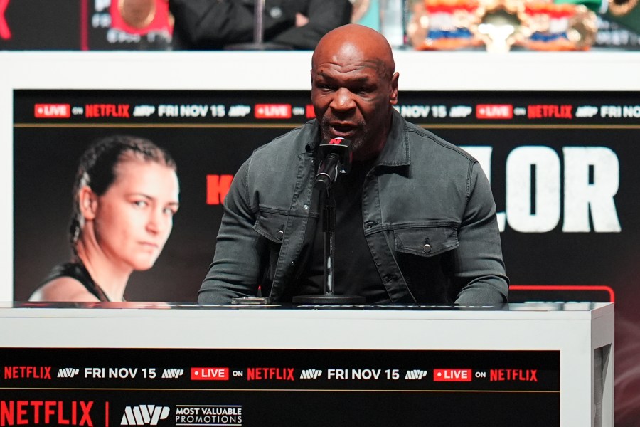 Mike Tyson speaks during a news conference ahead of his fight against Jake Paul, Wednesday, Nov. 13, 2024, in Irving, Texas. (AP Photo/Julio Cortez)