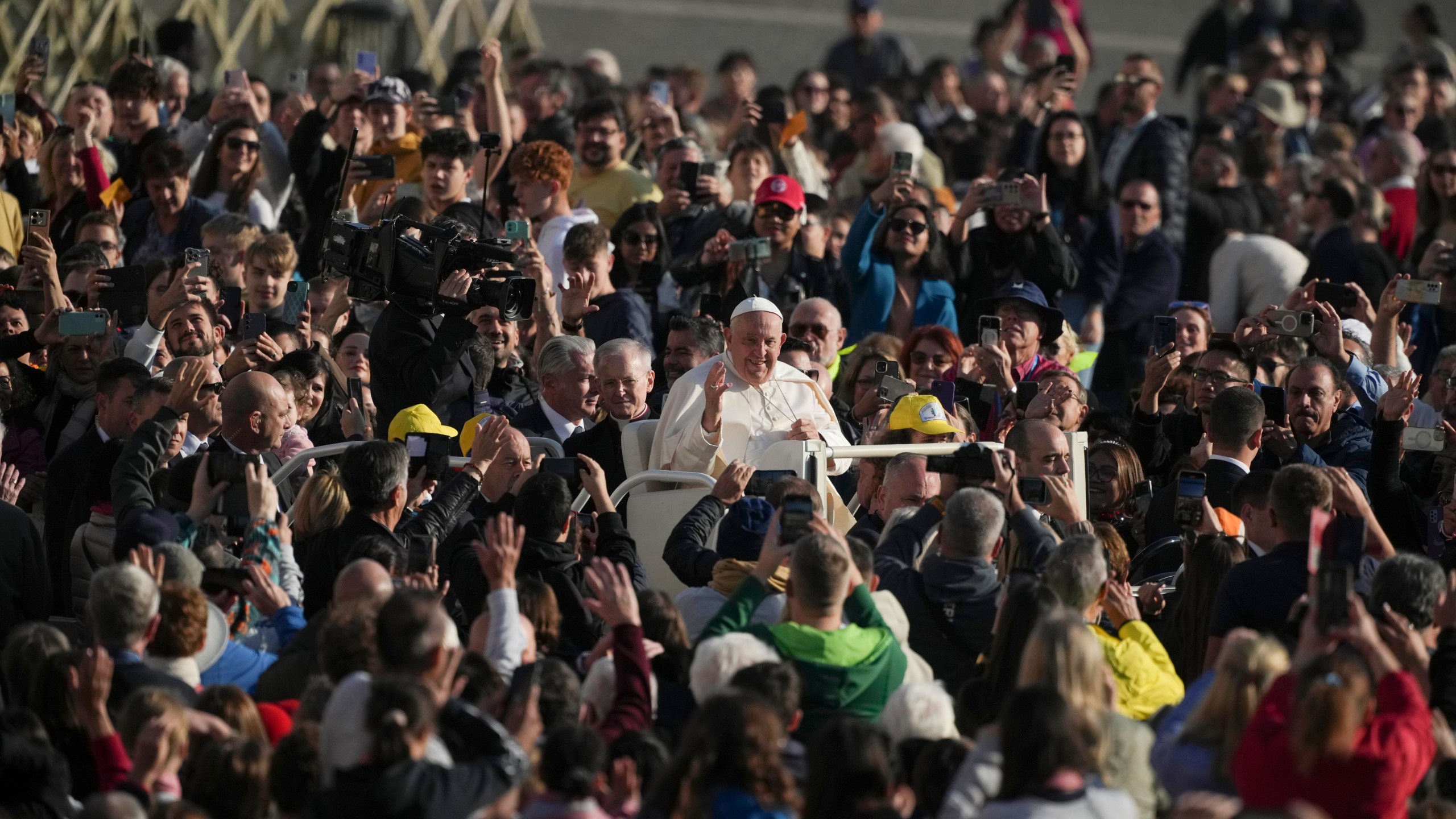 FILE - Pope Francis arrives in St. Peter's Square on the occasion of the weekly general audience at the Vatican, Wednesday, Nov. 6, 2024. (AP Photo/Alessandra Tarantino, File)