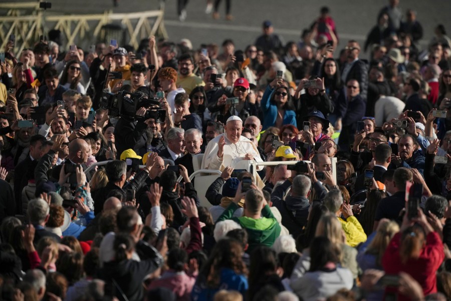 FILE - Pope Francis arrives in St. Peter's Square on the occasion of the weekly general audience at the Vatican, Wednesday, Nov. 6, 2024. (AP Photo/Alessandra Tarantino, File)