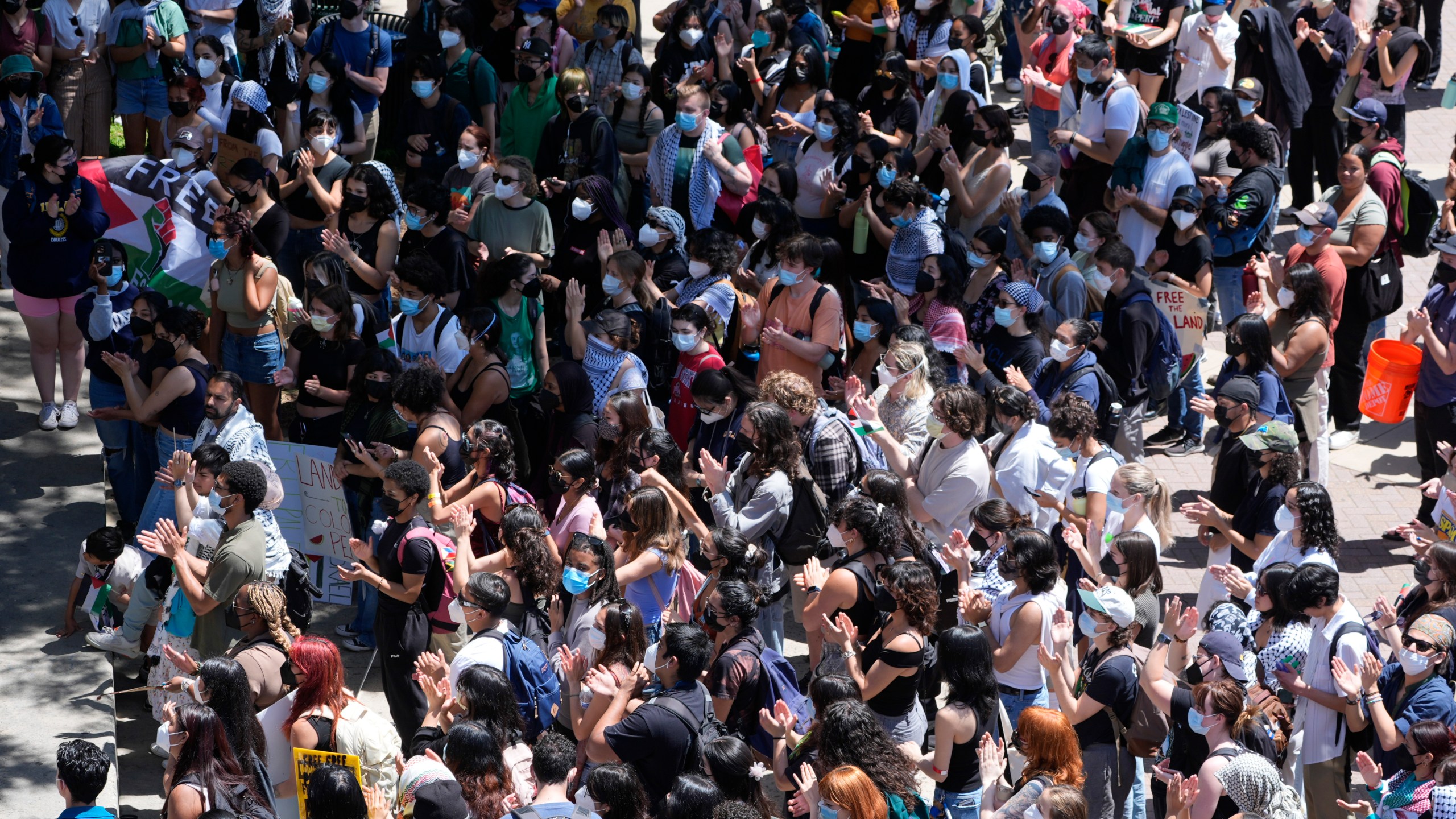 FILE - Students gather on the UCLA campus to protest the Israel-Hamas war, Monday, April 29, 2024, in Los Angeles. (AP Photo/Damian Dovarganes,File)