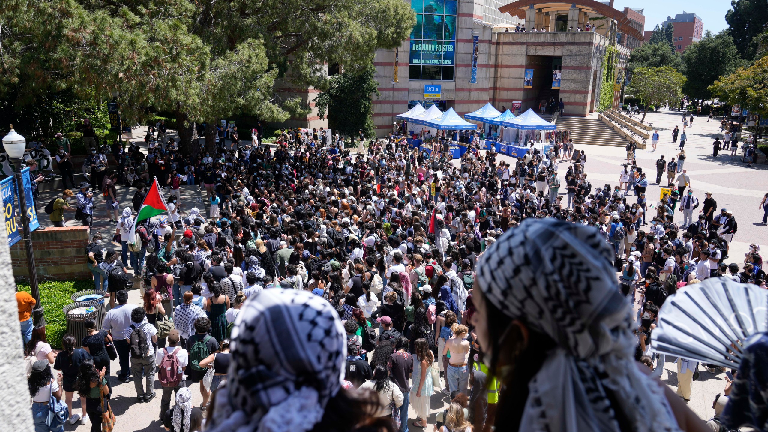 FILE - Students gather on the UCLA campus to protest the Israel-Hamas War, Monday, April 29, 2024, in Los Angeles. (AP Photo/Damian Dovarganes, File)