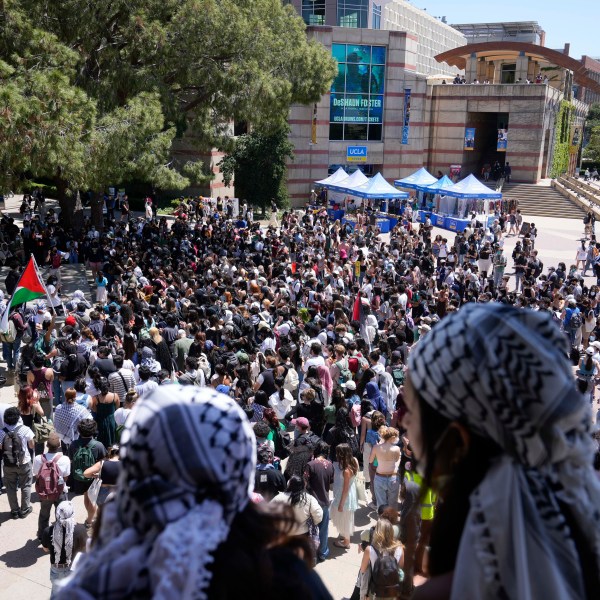 FILE - Students gather on the UCLA campus to protest the Israel-Hamas War, Monday, April 29, 2024, in Los Angeles. (AP Photo/Damian Dovarganes, File)