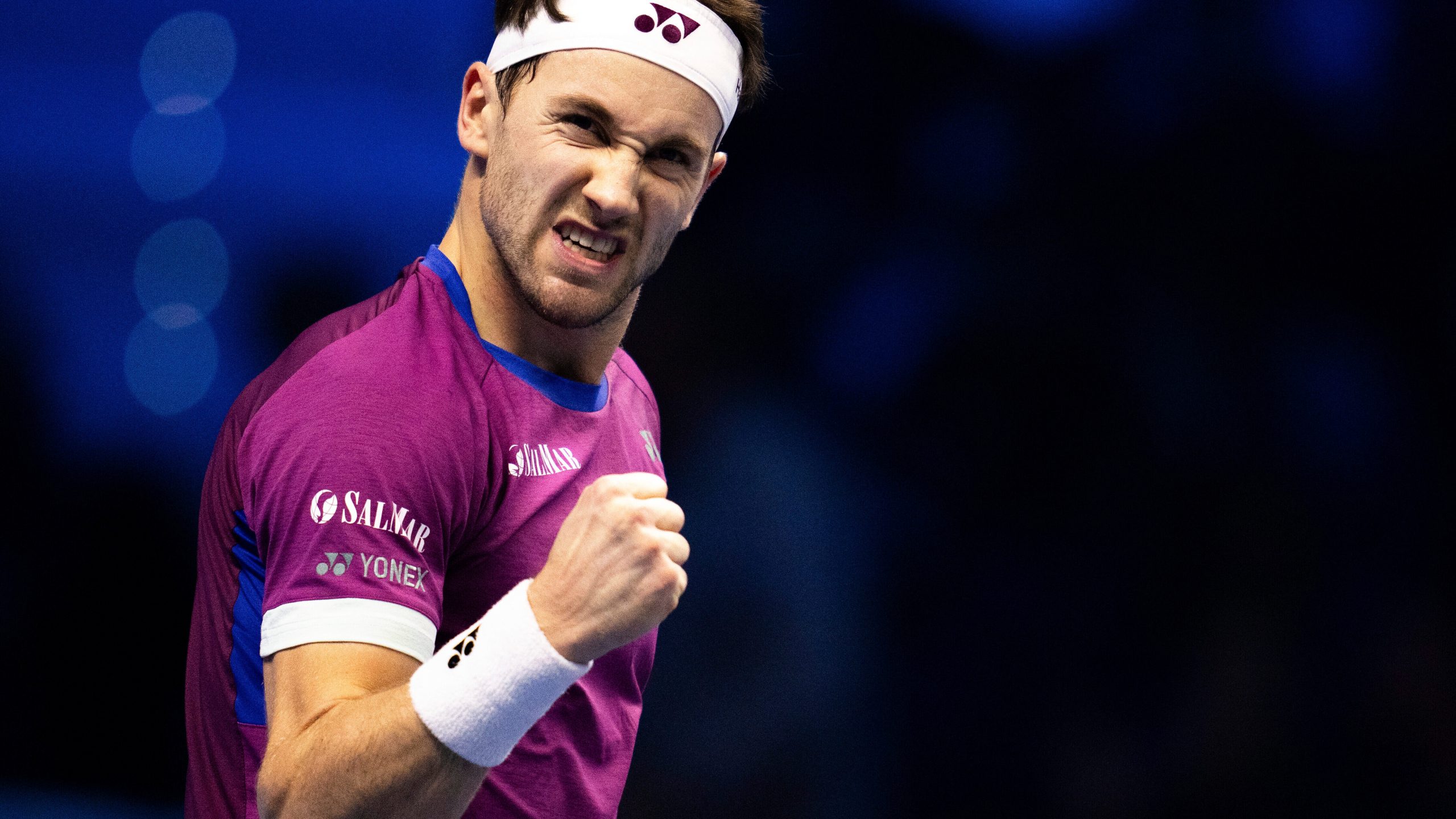 Norway's Casper Ruud reacts during a match against Russia's Andrey Rublev at the ATP World Tour Finals tennis tournament in Turin, Italy, Friday, Nov. 15, 2024. (Marco Alpozzi/LaPresse via AP)