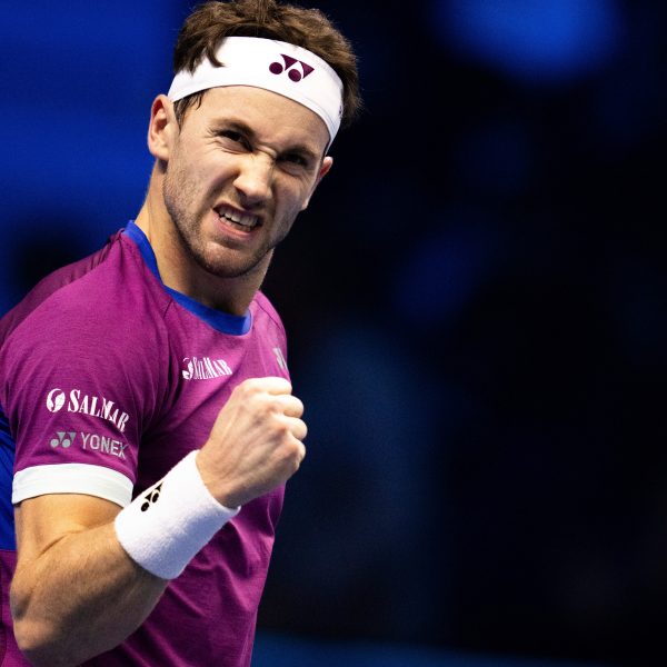 Norway's Casper Ruud reacts during a match against Russia's Andrey Rublev at the ATP World Tour Finals tennis tournament in Turin, Italy, Friday, Nov. 15, 2024. (Marco Alpozzi/LaPresse via AP)