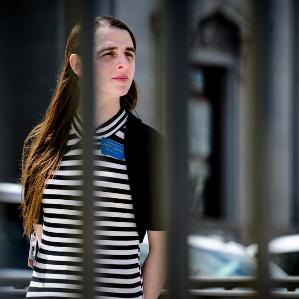 FILE - Transgender state Rep. Zooey Zephyr, D-Missoula, stands on the steps of the Montana State Capitol during a rally, in Helena, Mont., Monday, April 24, 2023. (Thom Bridge/Independent Record via AP, File)