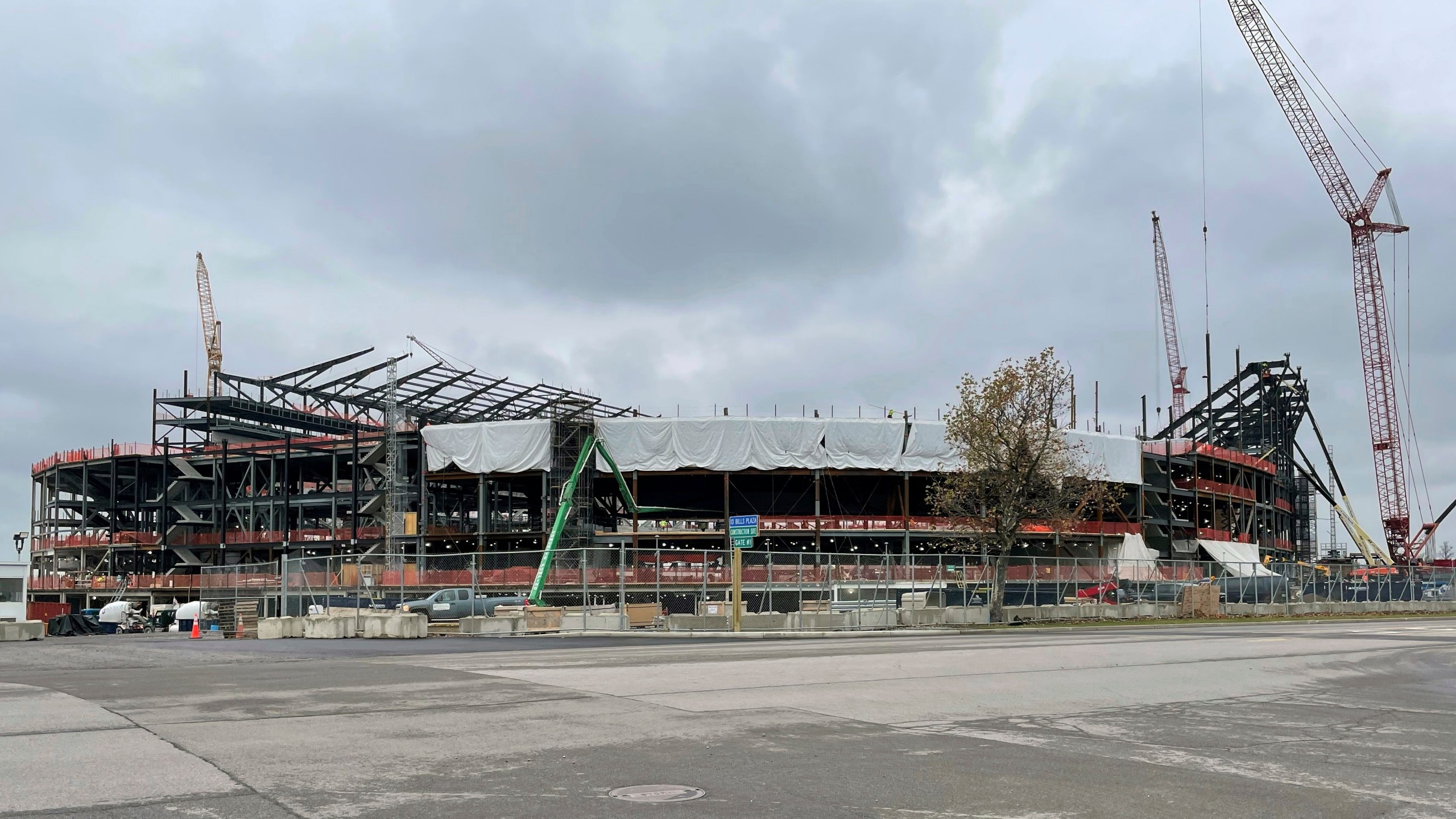 Construction continues on the Buffalo Bills' new stadium, Friday, Nov. 15, 2024, in Orchard Park, N.Y., which is on track to open in time for the 2026 NFL football season. (AP Photo/John Wawrow)