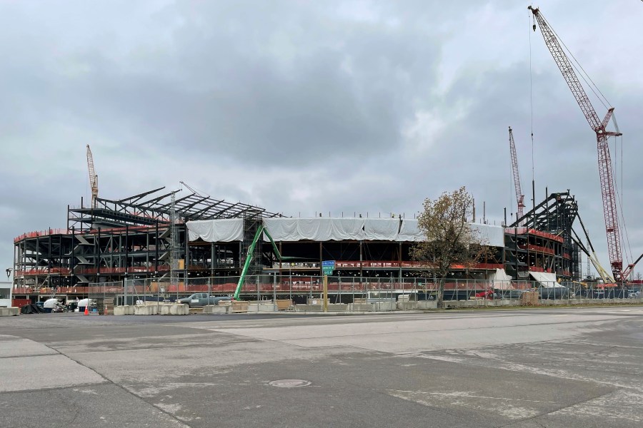 Construction continues on the Buffalo Bills' new stadium, Friday, Nov. 15, 2024, in Orchard Park, N.Y., which is on track to open in time for the 2026 NFL football season. (AP Photo/John Wawrow)