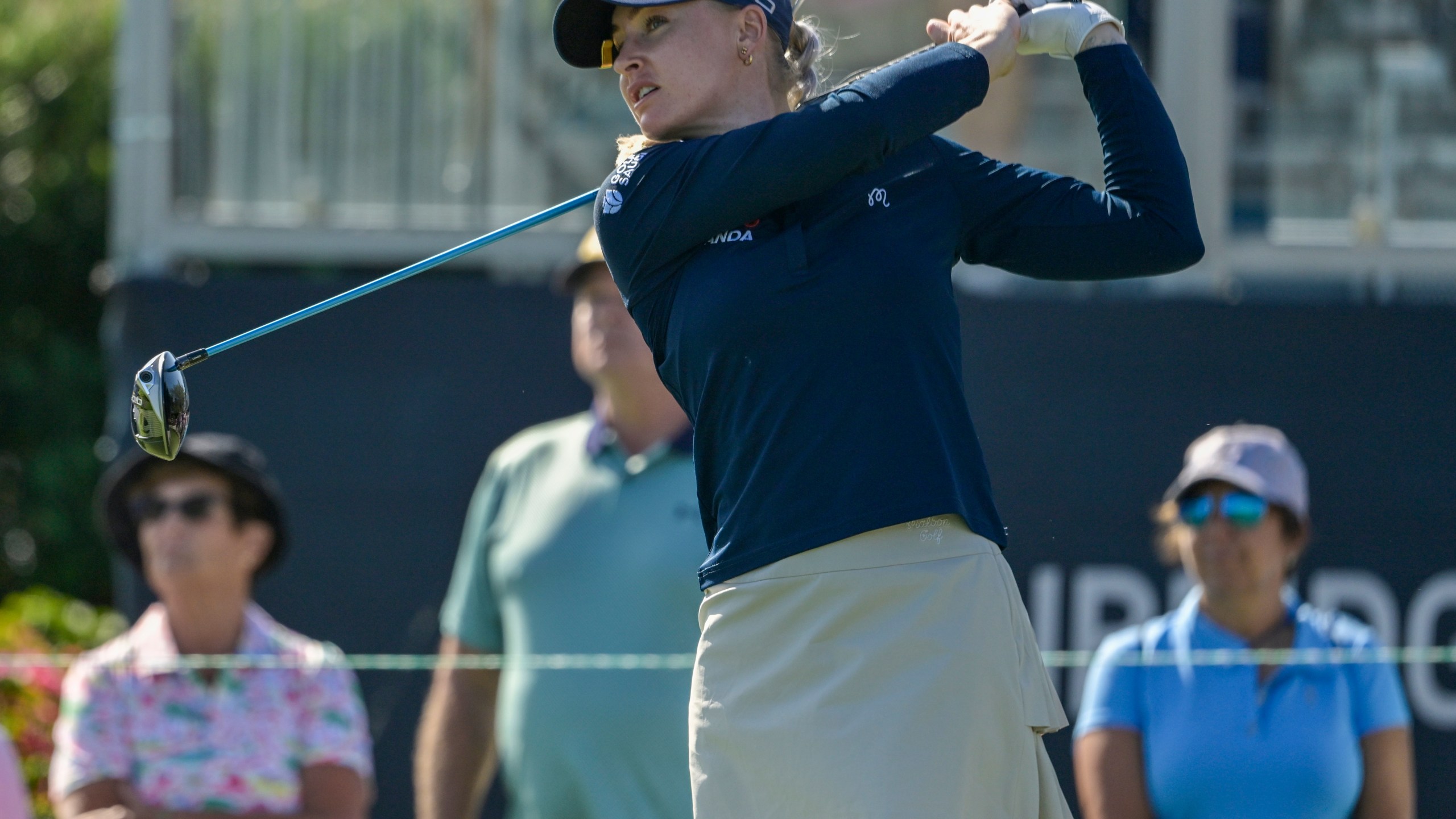 Charley Hull of England hits her tee shot on the first hole during the first round of the The Annika golf tournament at Pelican Golf Club, Thursday, Nov. 14, 2024, in Belleair, Fla. (AP Photo/Steve Nesius)