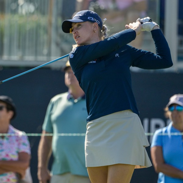 Charley Hull of England hits her tee shot on the first hole during the first round of the The Annika golf tournament at Pelican Golf Club, Thursday, Nov. 14, 2024, in Belleair, Fla. (AP Photo/Steve Nesius)