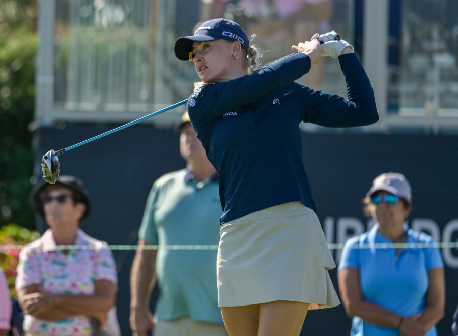 Charley Hull of England hits her tee shot on the first hole during the first round of the The Annika golf tournament at Pelican Golf Club, Thursday, Nov. 14, 2024, in Belleair, Fla. (AP Photo/Steve Nesius)