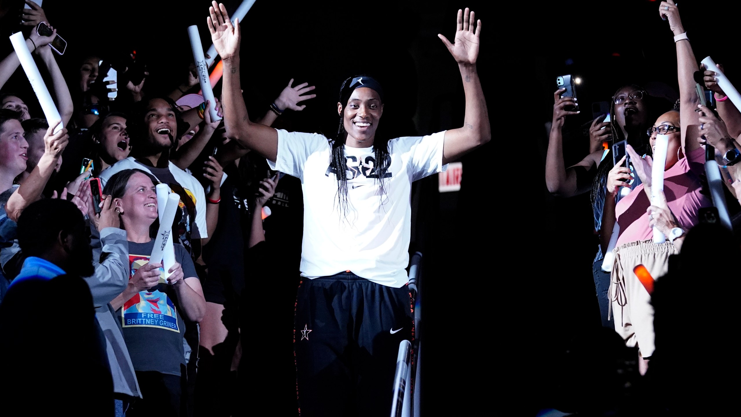 FILE - Team Wilson's Sylvia Fowles waves to fans as she walks down to the court before a WNBA All-Star basketball game against Team Stewart in Chicago, Sunday, July 10, 2022. (AP Photo/Nam Y. Huh, File)