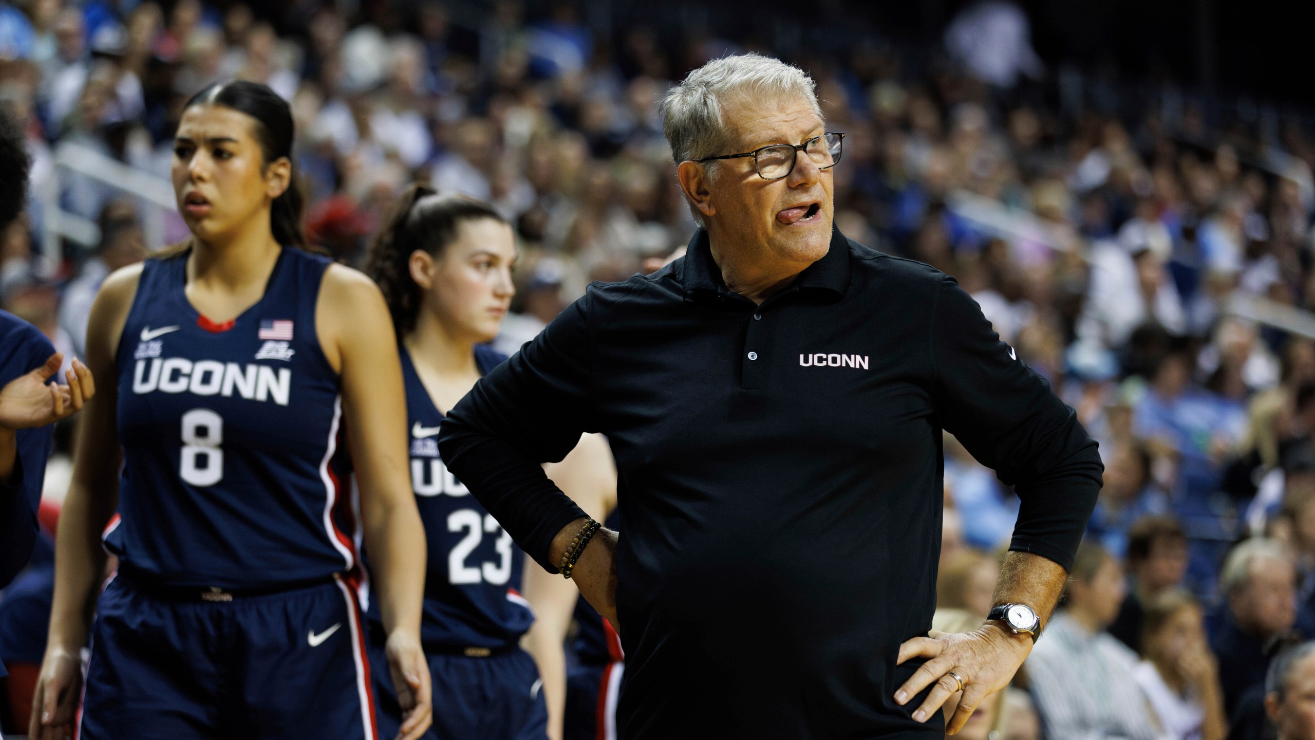 UConn head coach Geno Auriemma looks towards the court during the second half of an NCAA college basketball game against North Carolina in Greensboro, N.C., Friday, Nov. 15, 2024. (AP Photo/Ben McKeown)