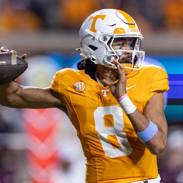 Tennessee quarterback Nico Iamaleava prepares to throw to a receiver during the first half of an NCAA college football game against Mississippi State, Saturday, Nov. 9, 2024, in Knoxville, Tenn. (AP Photo/Wade Payne)