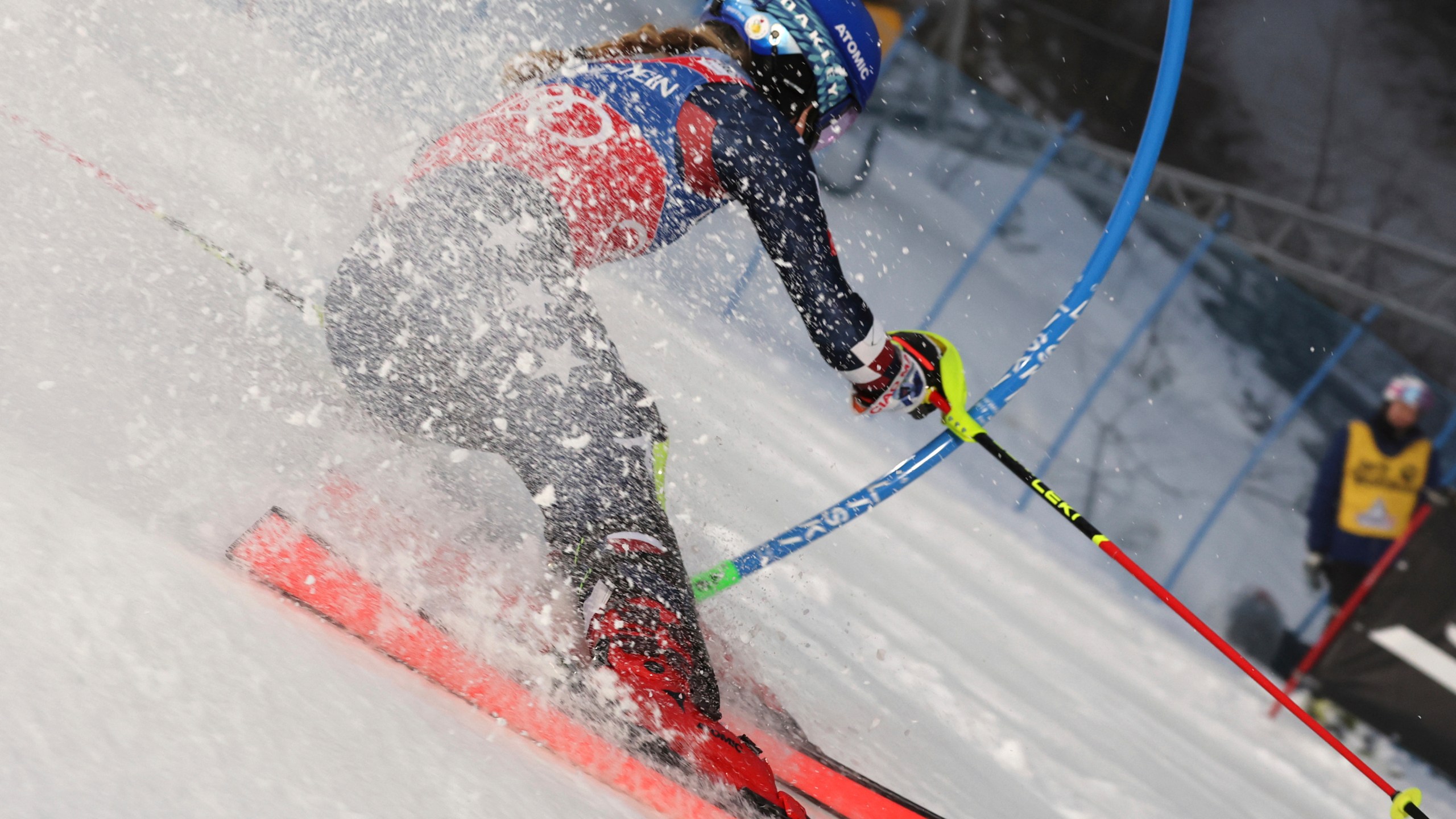 United States' Mikaela Shiffrin speeds down the course during an alpine ski, women's World Cup slalom, in Levi, Finland, Saturday, Nov. 16, 2024. (AP Photo/Marco Trovati)