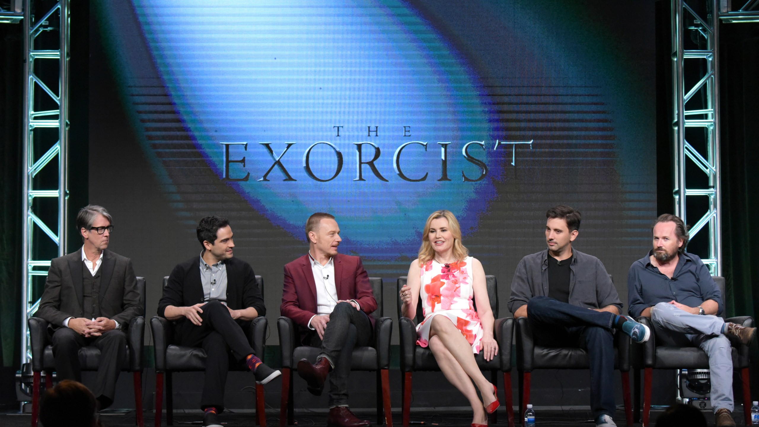 FILE - Alan Ruck, from left, Alfonso Herrera, Ben Daniels, Geena Davis, creator/executive producer Jeremy Slater and executive producer/director Rupert Wyatt participate in the panel for "The Exorcist" during the Fox Television Critics Association summer press tour, Aug. 8, 2016, in Beverly Hills, Calif. (Photo by Richard Shotwell/Invision/AP, File)