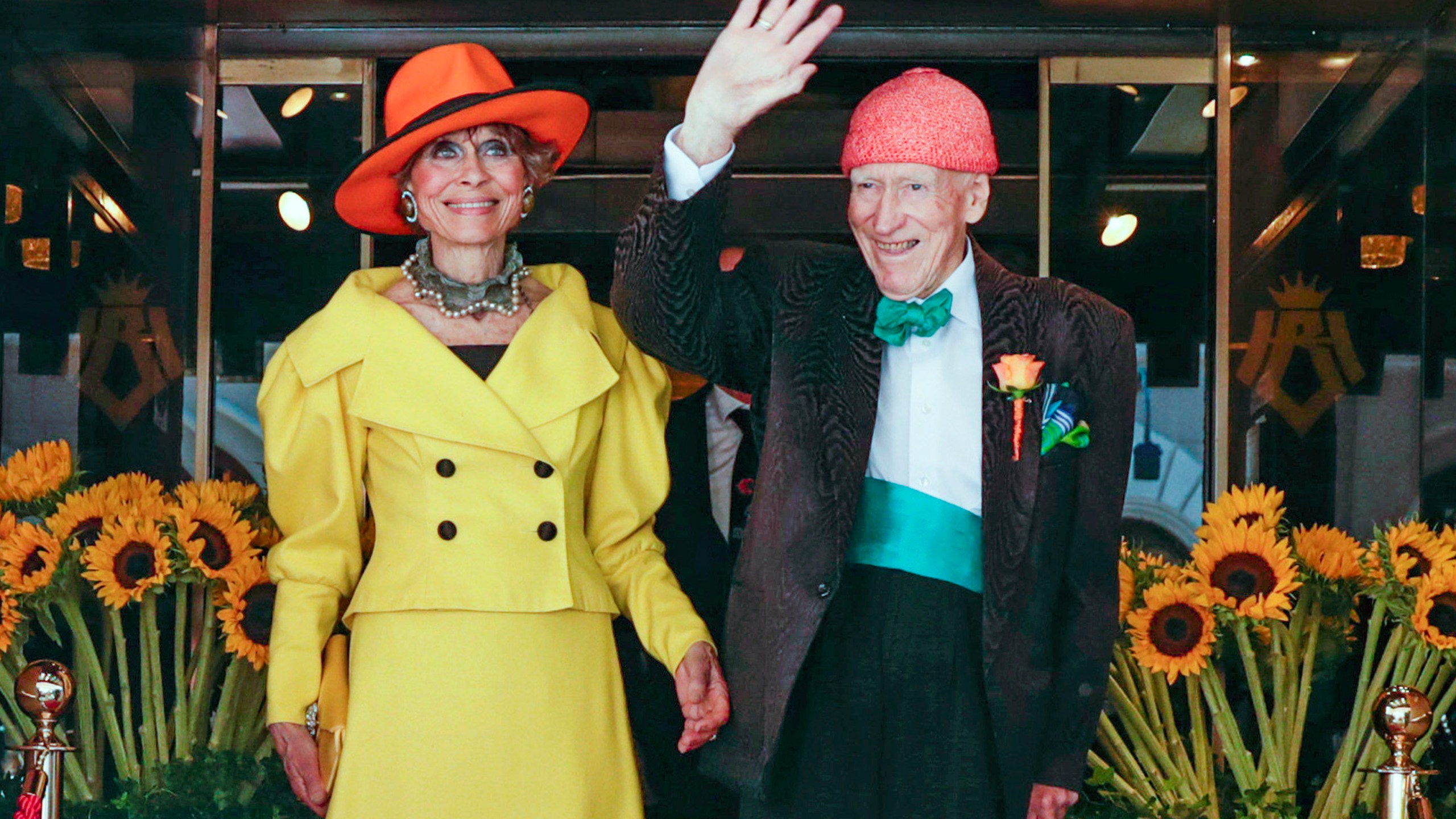 FILE - 95 year old businessman and billionaire Olav Thon, right poses for a photo with Sissel Berdal Haga, after their wedding at Hotel Bristol in Oslo, Friday, June 21, 2019. (Berit Roald/NTB Scanpix via AP, File)