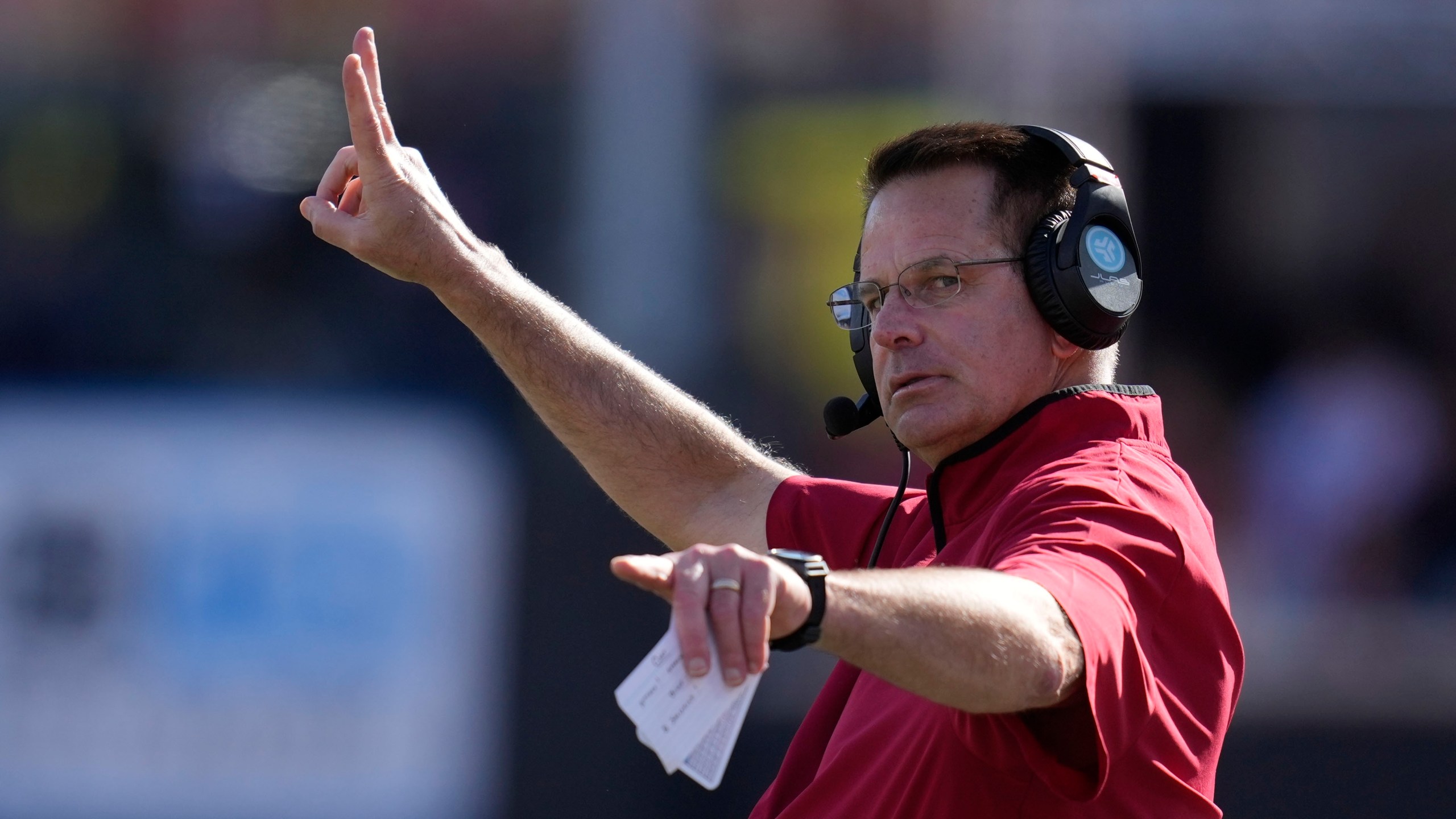 Indiana head coach Curt Cignetti directs his team during the second half of an NCAA college football game against Washington, Saturday, Oct. 26, 2024, in Bloomington, Ind. (AP Photo/Darron Cummings)