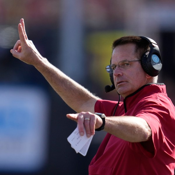 Indiana head coach Curt Cignetti directs his team during the second half of an NCAA college football game against Washington, Saturday, Oct. 26, 2024, in Bloomington, Ind. (AP Photo/Darron Cummings)