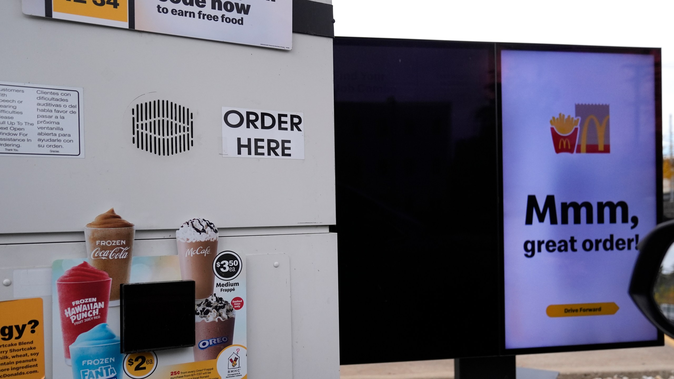 Pictured is a McDonald's drive through selection kiosk Wednesday, Oct. 23, 2024, in Chicago. (AP Photo/Charles Rex Arbogast)