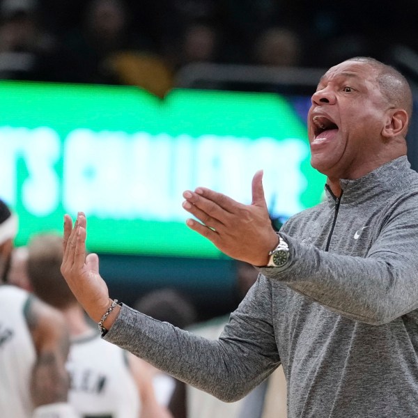 Milwaukee Bucks head coach Doc Rivers reacts to a call during the first half of an NBA basketball game Wednesday, Nov. 13, 2024, in Milwaukee. (AP Photo/Morry Gash)